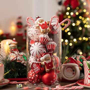 Valery Madelyn Christmas Valentines Tree Ornaments Set, 70ct Candy Cane Red and White Shatterproof Christmas Tree Decorations Bulk, Variety Hanging Ball Ornaments for Xmas Trees Holiday Party Decor