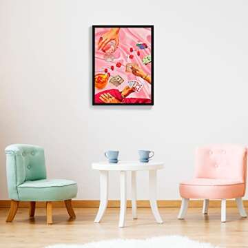 OAOPIC Framed Vintage Pink Poker Playing Cards Posters for Room Decor Aesthetic Retro Funny Casino Gambling Dice Chips Canvas Wall Art Cool Funky Cocktail Alcohol Drinks Prints Paintings 16x24in