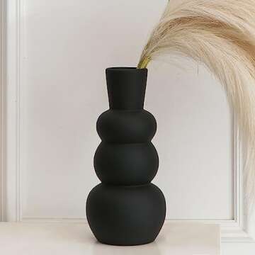Tenforie Black Vase, Modern Ceramic Vase, Black Matte Vases for Pampas Grass, Clay Vase in Rubber Paint Vase Minimalist Home Fresh Flowers, Dried Flowers
