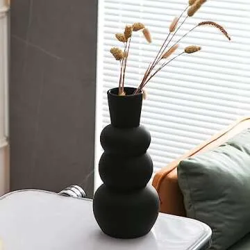 Tenforie Black Vase, Modern Ceramic Vase, Black Matte Vases for Pampas Grass, Clay Vase in Rubber Paint Vase Minimalist Home Fresh Flowers, Dried Flowers