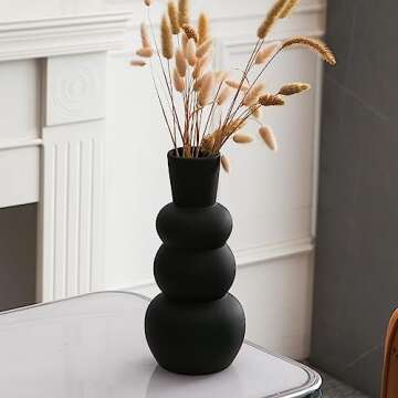 Tenforie Black Vase, Modern Ceramic Vase, Black Matte Vases for Pampas Grass, Clay Vase in Rubber Paint Vase Minimalist Home Fresh Flowers, Dried Flowers