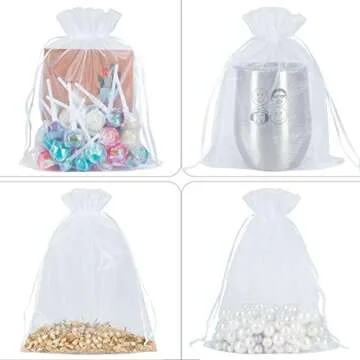 HRX Package 100pcs Sheer Organza Bags White, 6 x 9 inches Christmas Wedding Shower Party Favors Gift Drawstring Bags Large Mesh Jewelry Pouches