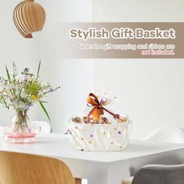 Small Rope Basket for Organizing, Gifting - Decorative Basket for Gifts Empty - Cute Woven Gift Basket - Dog Cat Toy Box - Toy Organizer Basket Baby Nursery Bin - White Storage Basket with Handle