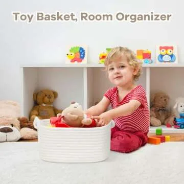 Small Rope Basket for Organizing, Gifting - Decorative Basket for Gifts Empty - Cute Woven Gift Basket - Dog Cat Toy Box - Toy Organizer Basket Baby Nursery Bin - White Storage Basket with Handle