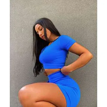 Herseas Two Piece Workout Outfits Sets for Women Summer Sweat Half Zip Up Longline Top High Waist Drawstring Butt Lifting Biker Shorts Breathble Gym Outfit Royal Blue Medium