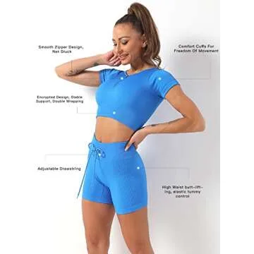 Herseas Two Piece Workout Outfits Sets for Women Summer Sweat Half Zip Up Longline Top High Waist Drawstring Butt Lifting Biker Shorts Breathble Gym Outfit Royal Blue Medium