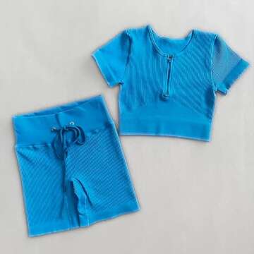 Herseas Two Piece Workout Outfits Sets for Women Summer Sweat Half Zip Up Longline Top High Waist Drawstring Butt Lifting Biker Shorts Breathble Gym Outfit Royal Blue Medium