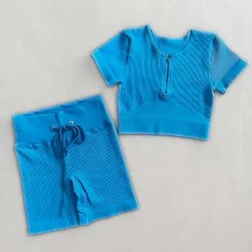 Herseas Two Piece Workout Outfits Sets for Women Summer Sweat Half Zip Up Longline Top High Waist Drawstring Butt Lifting Biker Shorts Breathble Gym Outfit Royal Blue Medium