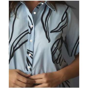 Women's Short Sleeve Swing Button Up Dress Collar Shirt Tunic Mini Dress A Line Floral Aesthetic Dress Blue