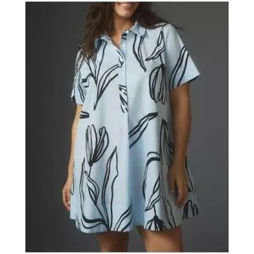Women's Short Sleeve Swing Button Up Dress Collar Shirt Tunic Mini Dress A Line Floral Aesthetic Dress Blue