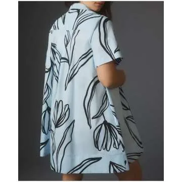 Women's Short Sleeve Swing Button Up Dress Collar Shirt Tunic Mini Dress A Line Floral Aesthetic Dress Blue
