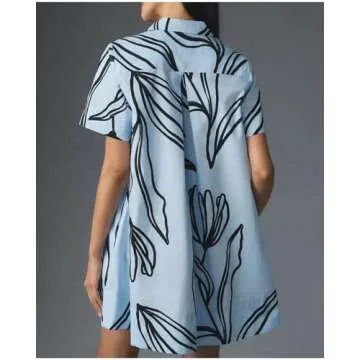 Women's Short Sleeve Swing Button Up Dress Collar Shirt Tunic Mini Dress A Line Floral Aesthetic Dress Blue