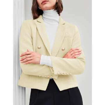 Cicy Bell Women Double Breasted Cropped Tweed Blazer Jackets Lapel Open Front Long Sleeve Business S...