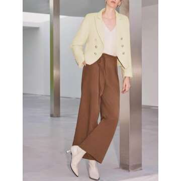 Cicy Bell Women Double Breasted Cropped Tweed Blazer Jackets Lapel Open Front Long Sleeve Business Suit Jackets with Pocket Beige