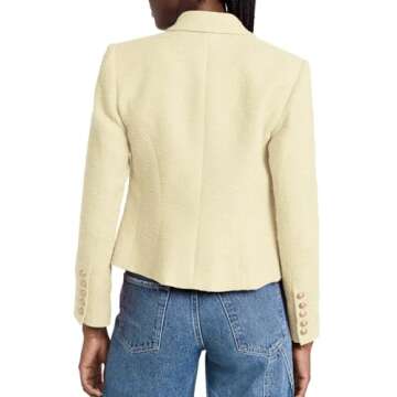 Cicy Bell Women Double Breasted Cropped Tweed Blazer Jackets Lapel Open Front Long Sleeve Business Suit Jackets with Pocket Beige