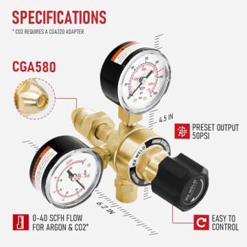RX WELD Argon/CO2 Regulators Gauges Gas Welding, Regulator for MIG and TIG, CGA580 Inlet Connection