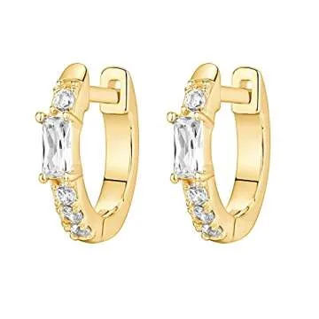PAVOI 14K Yellow Gold Plated 925 Sterling Silver Post Women's Huggie Earrings - Small Gold Hoop Earrings - CZ Baguette Cubic Zirconia