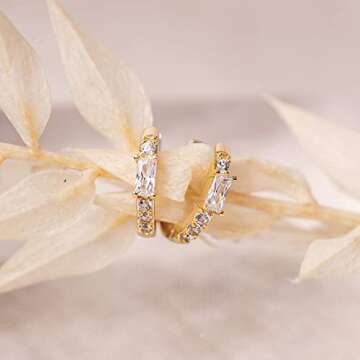 PAVOI 14K Yellow Gold Plated 925 Sterling Silver Post Women's Huggie Earrings - Small Gold Hoop Earrings - CZ Baguette Cubic Zirconia