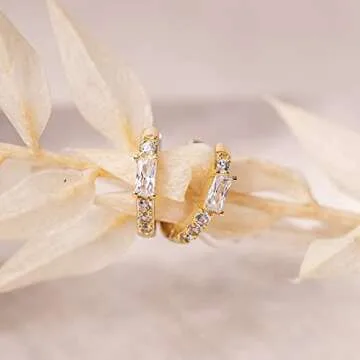PAVOI 14K Yellow Gold Plated 925 Sterling Silver Post Women's Huggie Earrings - Small Gold Hoop Earrings - CZ Baguette Cubic Zirconia