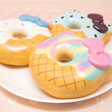 Sanrio Hello Kitty Ice Cream Donut Slow Rising Squishy Toy Keychain (Mint Chocolate) for Party Favors, Stress Balls, Birthday Gift Boxes, Kawaii Squishies for Kids, Girls, Boys, Adults