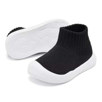Baby Shoes Girls Boys Non Slip Baby Sock Shoes with Soft Rubber Sole Infant First Walking Sneaker Toddler Slipper Lightweight 12-18 Months Black