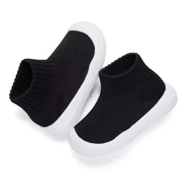 Baby Shoes Girls Boys Non Slip Baby Sock Shoes with Soft Rubber Sole Infant First Walking Sneaker Toddler Slipper Lightweight 12-18 Months Black