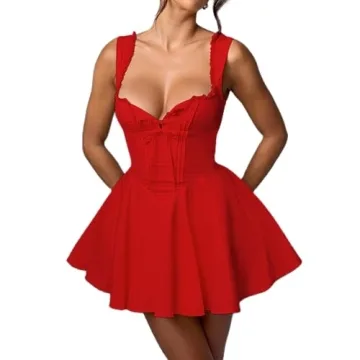 Women Y2k Corset Mini Dress Deep V Neck A-Line Backless Ruffle Hem Dress Casual Party Club Dress (Re...