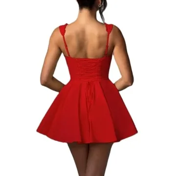 Women Corset Mini Dress Deep V Neck A-Line Ruffle Hem