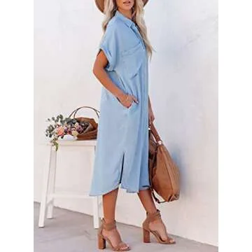 Dokotoo Maxi Midi Denim Dress with Pockets and Button-Down