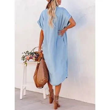Dokotoo Maxi Midi Denim Dress with Pockets and Button-Down