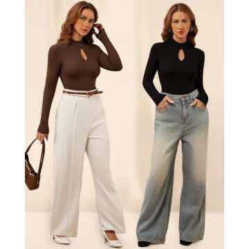 MANGOPOP Women's Long Sleeve Bodysuit Mock Neck Top