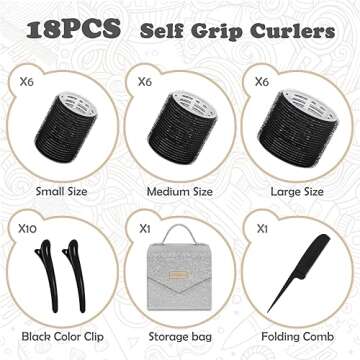 Sungenol 3 Sizes Hair Roller Set with 18 Pieces - Heatless Self-Grip Rollers, Hair Clips, Comb for DIY Salon Hairstyles