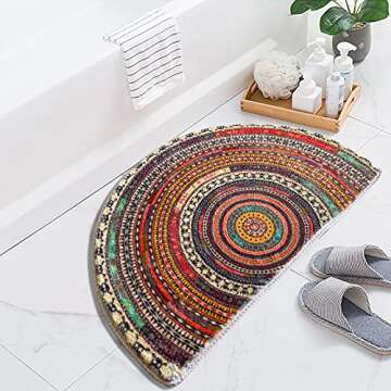 Half Round Door Mat,Semi Circle Bathroom Floor Rug,Mandala Boho Bohemian Non-Slip Welcome Entrance W...
