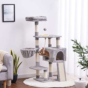 Heybly Cat Tree, Cat Tower for Indoor Cats with Scratching Board, Multi-Level Cat Furniture Condo with Feeding BowlLight Gray HCT010W