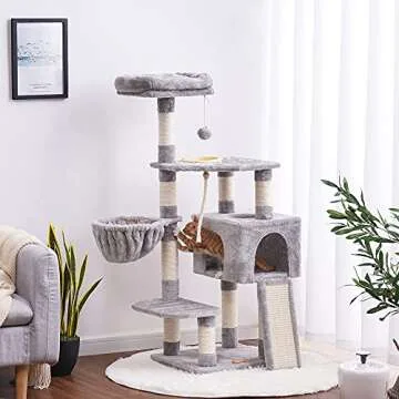 Heybly Cat Tree, Cat Tower for Indoor Cats with Scratching Board, Multi-Level Cat Furniture Condo with Feeding BowlLight Gray HCT010W