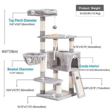 Heybly Cat Tree, Cat Tower for Indoor Cats with Scratching Board, Multi-Level Cat Furniture Condo with Feeding BowlLight Gray HCT010W