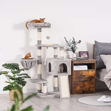 Heybly Cat Tree, Cat Tower for Indoor Cats with Scratching Board, Multi-Level Cat Furniture Condo with Feeding BowlLight Gray HCT010W