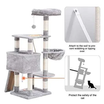 Heybly Cat Tree, Cat Tower for Indoor Cats with Scratching Board, Multi-Level Cat Furniture Condo with Feeding BowlLight Gray HCT010W