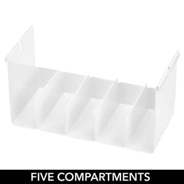 mDesign Plastic 5 Compartment Hanging Closet Storage Organizer Tray, Divided Sections for Holding Sunglasses, Wallets, Clutch Purses, Accessories, Hangs Below Shelving, Grypp Collection - White