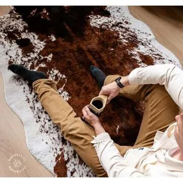 NativeSkins Faux Cowhide Rug – Original Brown (Large) | 4.6ft x 6.6ft | Cow Print | Western Bedroom Decor | Hand-Cut, Faux Suede No-Slip Backing | Western Rug | Animal Print Rug | Cow Hide