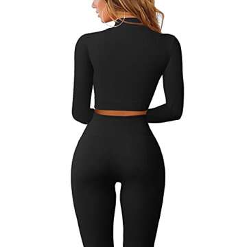 QINSEN Long Sleeve Workout Shirt for Women High Funnel Neck Crop Tops Tummy Control Leggings Fitted 2 Pieces Sets Black S