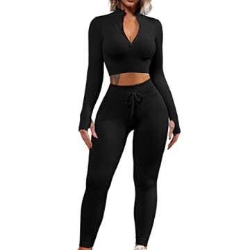 QINSEN Long Sleeve Workout Shirt for Women High Funnel Neck Crop Tops Tummy Control Leggings Fitted 2 Pieces Sets Black S