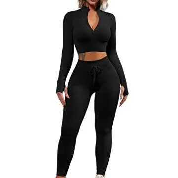 QINSEN Long Sleeve Workout Shirt for Women High Funnel Neck Crop Tops Tummy Control Leggings Fitted 2 Pieces Sets Black S
