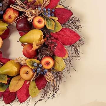 Valery Madelyn 24 Inch Fall Fruit Wreath for Front Door, Harvest Thanksgiving Natural Wreath with Silk Leaves for Porch Decor for Home, Large Autumn Wreath for Outdoor Window Indoor Table Centerpiece