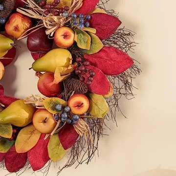 Valery Madelyn 24 Inch Fall Fruit Wreath for Front Door, Harvest Thanksgiving Natural Wreath with Silk Leaves for Porch Decor for Home, Large Autumn Wreath for Outdoor Window Indoor Table Centerpiece