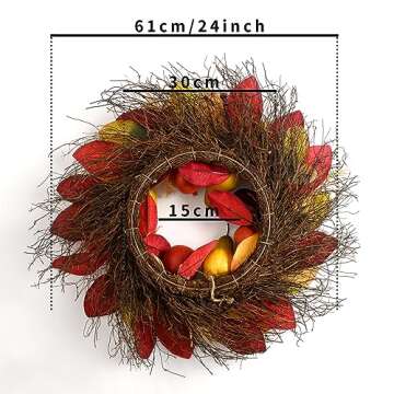 Valery Madelyn 24 Inch Fall Fruit Wreath for Front Door, Harvest Thanksgiving Natural Wreath with Silk Leaves for Porch Decor for Home, Large Autumn Wreath for Outdoor Window Indoor Table Centerpiece