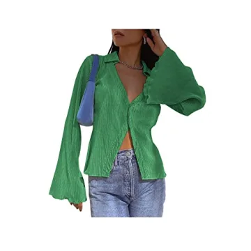 LYANER Deep V Neck Bell Sleeve Blouse for Women