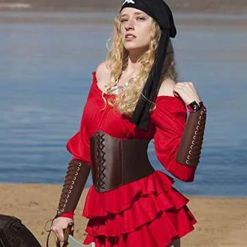 SATINIOR Women Corset Belt Elastic with Faux Leather Gauntlet Wristband Halloween Costume (Brown),Medium