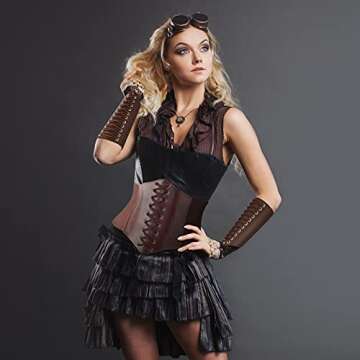 SATINIOR Women Corset Belt Elastic with Faux Leather Gauntlet Wristband Halloween Costume (Brown),Medium