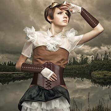 SATINIOR Women Corset Belt Elastic with Faux Leather Gauntlet Wristband Halloween Costume (Brown),Medium